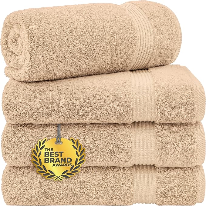Cotton Paradise 4 Piece Turkish Bath Towels for Bathroom, Extra Large Soft Plush Towels Bathroom Set, Beige