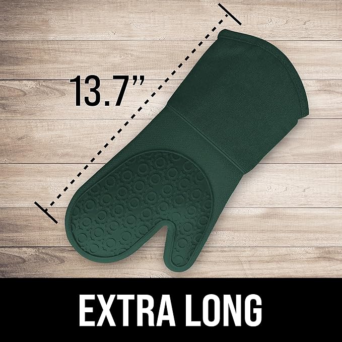 BPA-Free Silicone Oven Mitts Ultra Heat Resistant up to 500°F - Oven Mitts with Thick Cotton Liner - Long Slip Resistant Pot Holders, Flexible Oven Gloves - Green 13.7