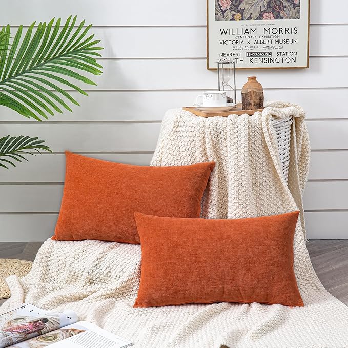 GAWAMAY Lumbar Pillow Decorative Rectangle Throw Pillow Covers 12"x20" Inch Set of 2, Super Soft Chenille Pillowcase for Living Room Bedroom Sofa Couch Cushion Cover Burnt Orange 30x50cm (ONLY COVERS)