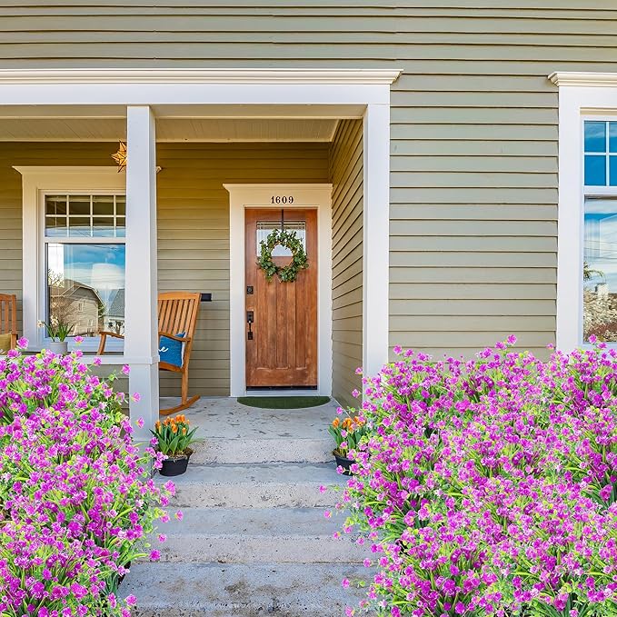 Sggvecsy Artificial Flowers for Outdoors 12 Bundles UV Resistant Boxwood Shrubs Artificial Eucalyptus Fake Plants Faux Plastic Greenery for Farmhouse Garden Home Indoor Outdoor Decoration（Magenta）