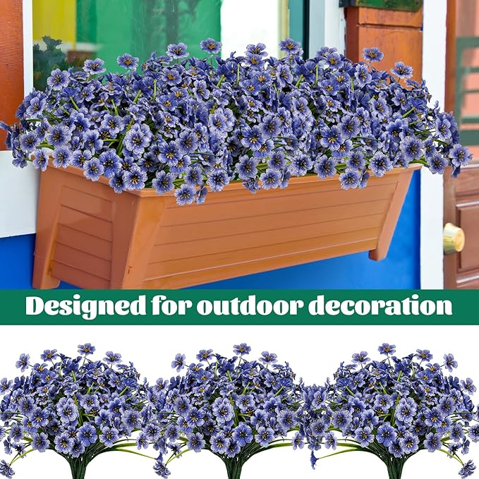 Lnoicy 12 Pcs Artificial Flowers for Outdoor,Plastic Flowers Decoration, UV Resistant Faux Flowers Shrubs, Artificial Plants for Indoor Outside Garden Home Wedding Farmhouse(Blue)