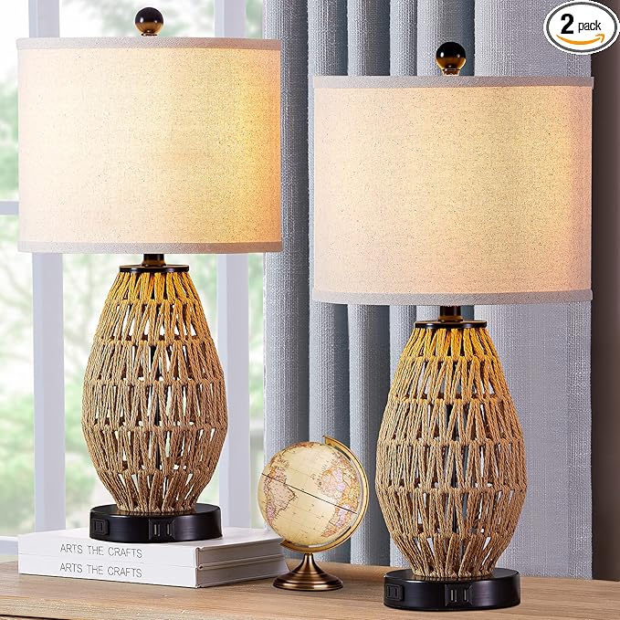 Touch Control Rattan Table Lamps, 3 Way Dimmable Bedside Lamps for Bedroom Set of 2 with 2 USB Ports and AC Outlet, Wicker Nightstand Lamps for Living Room (LED Bulbs Included)