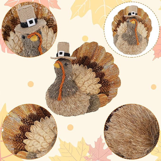 winemana Thanksgiving Turkey Decor – 7.9" Tall Sisal Turkeys Table Centerpiece with Top Hat, Fall & Harvest Home Decor, Thanksgiving Decorations Indoor