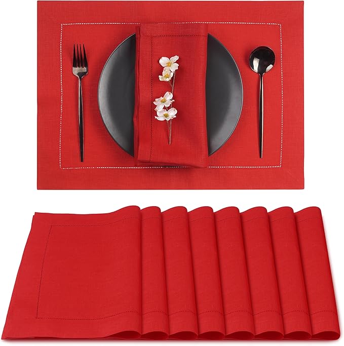 D'Moksha Homes Linen Placemats Set of 8 - Classic Hemstitch Bright Red Placemats 14 x 19 Inch - 100% Pure Linen Table Mats for Fall, Autumn and Halloween - Handcrafted and Machine Washable