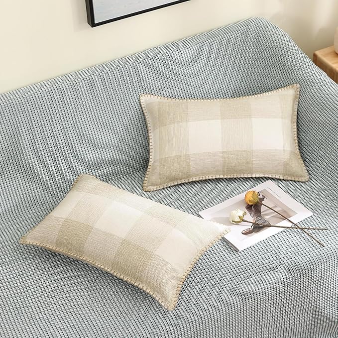 decorUhome Christmas Buffalo Plaid Check Throw Pillow Covers 12x20 Set of 2, Outdoor Linen Decorative Farmhouse Gingham Pillow Covers with Stitched Edge for Bed Couch Sofa, Cream White and Beige