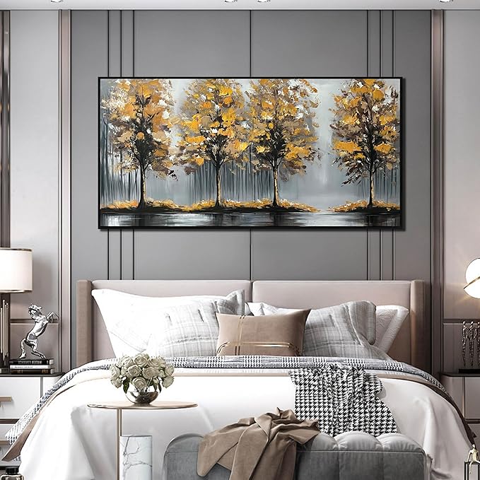 Gold Tree Canvas Hand Painted Wall Art for Living Room - Modern Office Artwork Wall Decor - Framed Wall Art for Bedroom Size 29" x 59"