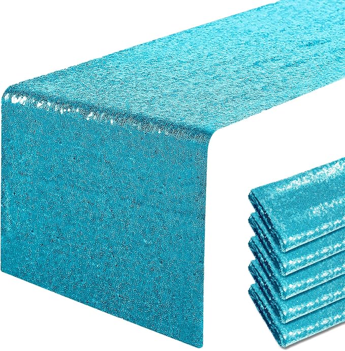 6 Packs 12 x 108 inches Turquoise Sequin Table Runner, Glitter Turquoise Blue Table Runner for Wedding Birthday Bachelorette Holiday Party Supplies Decorations Bridal Shower Baby Shower