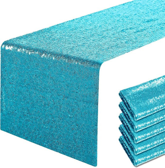 6 Packs 12 x 108 inches Turquoise Sequin Table Runner, Glitter Turquoise Blue Table Runner for Wedding Birthday Bachelorette Holiday Party Supplies Decorations Bridal Shower Baby Shower