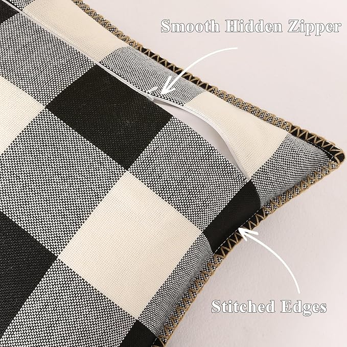 decorUhome Christmas Buffalo Plaid Check Throw Pillow Covers 12x20 Set of 2, Outdoor Lumbar Linen Decorative Farmhouse Gingham Pillow Covers with Stitched Edge for Bed Couch Sofa, Black and White