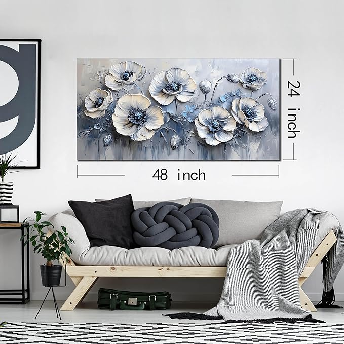 AOZEMI Large White Flower Canvas Wall Art for Living Room Bedroom Home Office Blue Picture Modern Floral Canvas Wall Decor Prints Artwork 24"x 48"