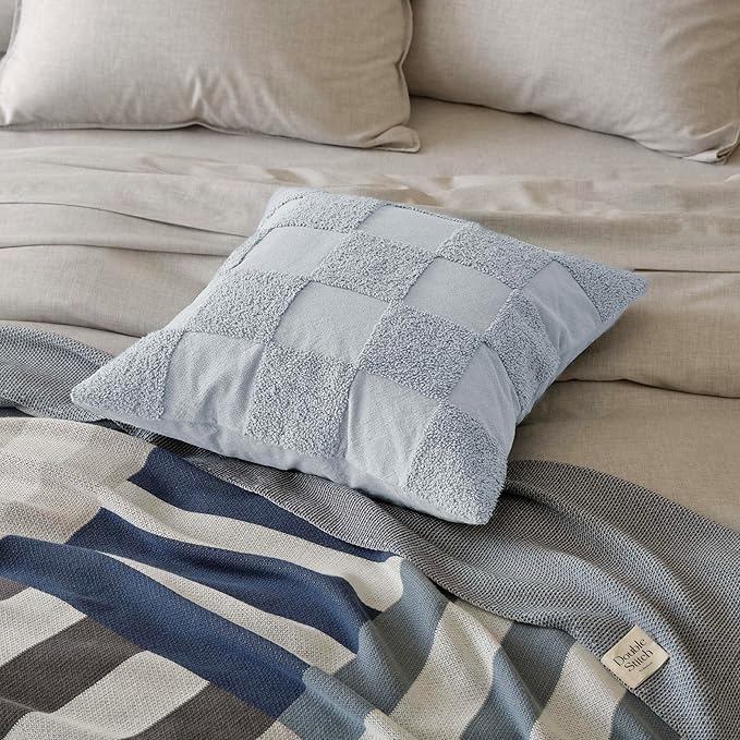 Double Stitch Checkered Throw Pillow Covers - 100% Cotton Set of 2 Tufted Boho Decorative Pillow Covers 20x20, Made in India, Square Cushion Case, Modern Home Decor for Couch, Sofa, Arctic Blue