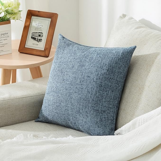 HPUK Linen Throw Pillow Covers Pack of 2, 20x20 Inch Accent Cushion Covers for Living Room, Bedroom, Decorative Solid Color Pillow Covers for Couch, Sofa, Chair, Blue