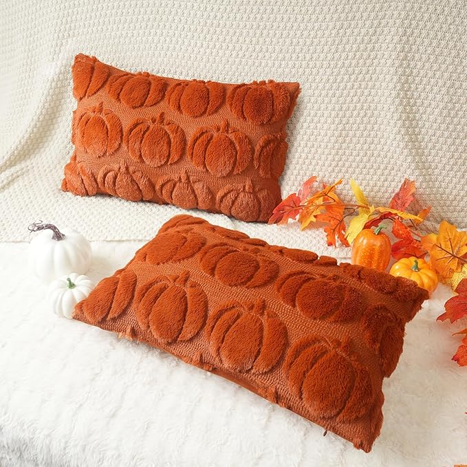 GEEORY Fall Pumpkins Soft Plush Pillow Covers, 12 x 20 Inch Set of 2, Fluffy Faux Fur Wool Decorative Farmhouse Cushion Case for Sofa Home Decoration Rust Pumpkin GC019-12