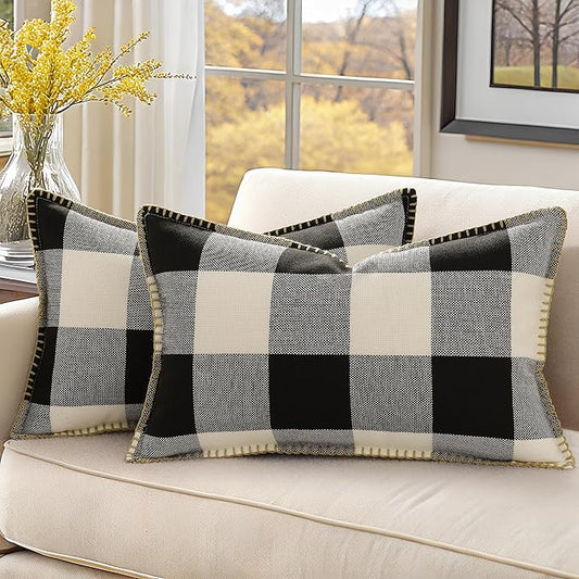 decorUhome Christmas Buffalo Plaid Check Throw Pillow Covers 12x20 Set of 2, Outdoor Lumbar Linen Decorative Farmhouse Gingham Pillow Covers with Stitched Edge for Bed Couch Sofa, Black and White