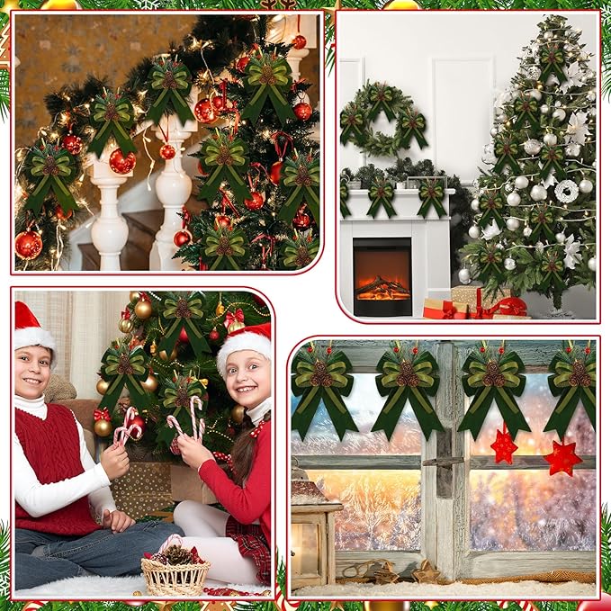 Syhood 6 Pcs Christmas Bows with Pine Cones Pine Needles Xmas Velvet Bows Sage Green Ribbon Christmas Tree Wreath Decoration for Xmas Parties Indoor Outdoor Crafts DIY Decor