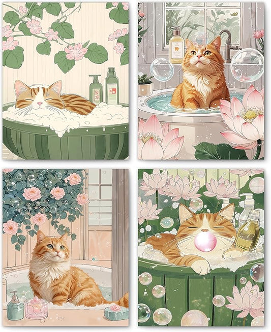 FITIE Orange Tabby Cat Bathroom Wall Art Posters Set of 4, Cat Bathroom Decor, Retro Japanese Aesthetic Floral Bathtub Cats Canvas Prints Artwork Wall Decor for Bath Wash Room, 8x10 Unframed