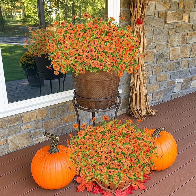 Agusbagli 72 Bundles Artificial Fall Flowers Outdoor UV Resistant Fake Autumn Boxwood Plants No Fade Faux Fall Flowers Arrangements for Outdoor Home Porch Garden Thanksgiving Fall Decor, Orange