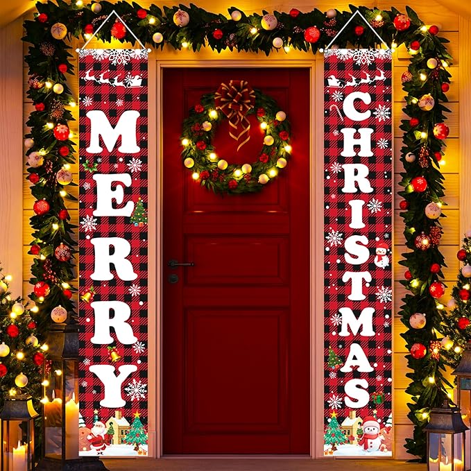 Christmas Decorations Red Black Buffalo Plaid Banner Xmas Porch Door Sign Welcome Banner for Wall Home Party Decor Merry Christmas Decorations Indoor Outdoor