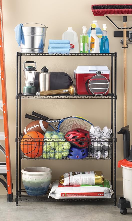 Whitmor 4-Wire Shelving Unit, Metal Storage Shelves with Basket, Easy Assembly Home Organizer for Pantry, Kitchen, Garage, Plant