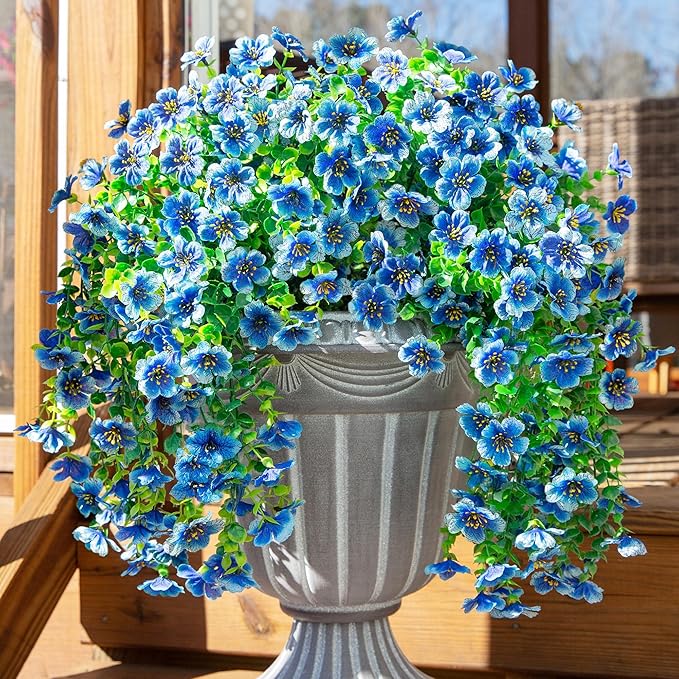 Artificial Faux Hanging Flowers Plant for Fall Outdoor Outside Decoration, 2 PCS Fake Silk Violets with Eucalyptus UV Resistant Realistic Daisy Trailing Vines for Balcony Yard Patio Porch Planter,Blue