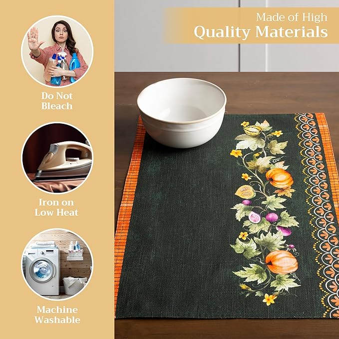 Maison d' Hermine Placemats Set of 4 100% Cotton Washable Cloth Place Mats, Reusable Table Mats for Kitchen Dining Decoration, Party, Wedding, Restaurant (Pumpkin Garden - Dark Green, 13" x 19")