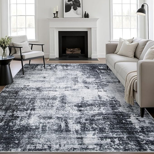 8x10 Area Rug Living Room Rug: Washable Modern Abstract Soft Thin Rug Indoor Floor No Slip Stain Resistant Carpet for Bedroom Dining Room Farmhouse Nursery Home Office - Dark Black