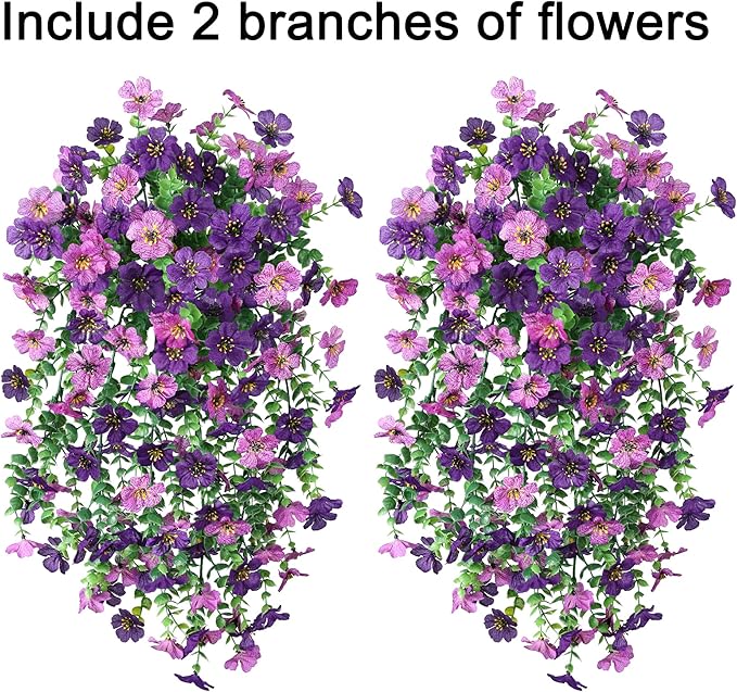 HyeFlora Artificial Flowers for Outdoors Decoration, 2Pcs Dark Purple and Purple Fake Hanging Flowers, UV & Fading Resistant, Faux Decor for Porch Patio Balcony Planter