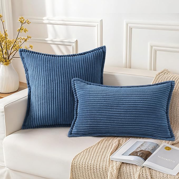 Mecatny Corduroy Throw Pillow Covers 16x16 Set of 2, Neutral Decorative Soft Boho Couch Pillow Covers with Broadside for Sofa Living Room, Navy