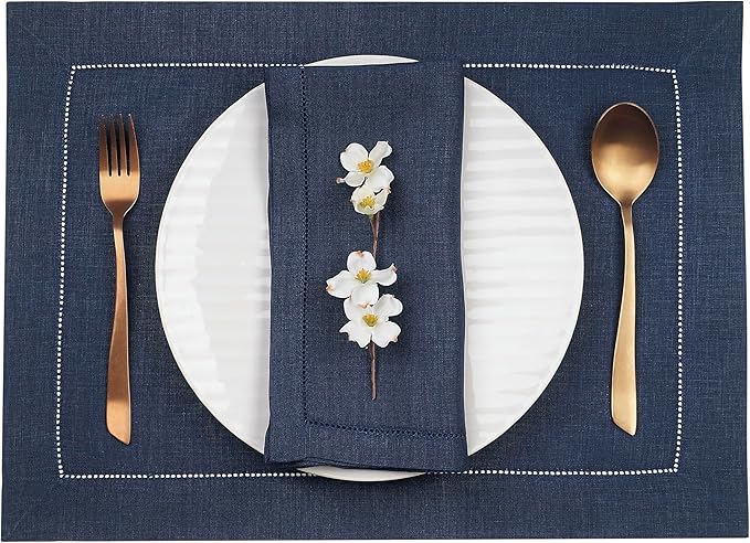D'Moksha Homes Linen Placemats Set of 4 - Classic Hemstitch Navy Blue Placemats 14 x 19 Inch - 100% Pure Linen Table Mats for Fall, Autumn and Halloween - Handcrafted and Machine Washable