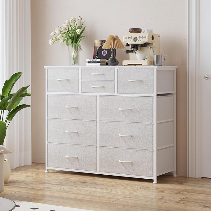 LUMTOK 10-Drawer Dresser, Fabric Dressers Drawers for Bedroom, Hallway, Nursery, Closets, Steel Frame, Wood Top, Easy Pull Handle (Light Grey)