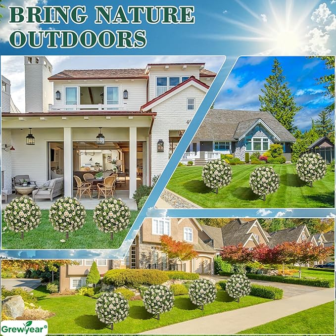 Set of 2 Artificial Topiary Ball Trees with White Mum, Faux Boxwoods for Outdoor Planters with Ground Spike, UV Resistant Artificial Outdoor Plants for Porch, Fake Bushes Round Shrub