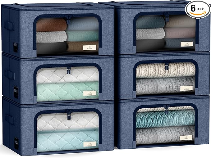 Sorbus Storage Bins with Metal Frame - Stackable & Foldable Clothes Organizer Bags - Oxford Fabric Storage Containers with Large Clear Window & Carry Handles, Bedroom Organization for Bedding & Linen