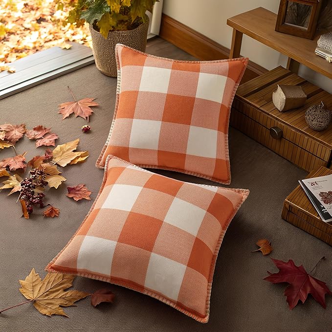 decorUhome Farmhouse Gingham Buffalo Plaid Check Throw Pillow Covers 22x22 Set of 2, Outdoor Fall Linen Decorative Pillow Covers with Stitched Edge for Bed Couch Sofa, Orange and White