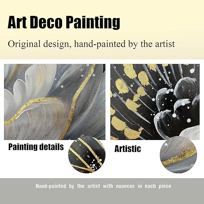 Gold and White Flower Canvas Wall Art for Living Room - Modern Hand Painted Flower Painting - Black Framed Wall Art for Bedroom Size 29" x 59"