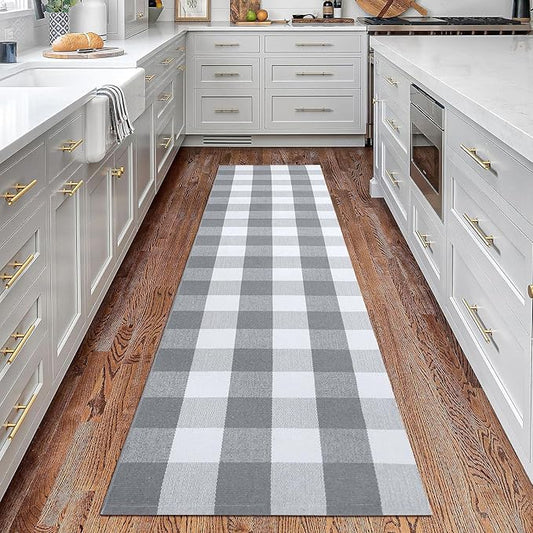 KOZYFLY Buffalo Plaid Rug 2x8 Ft Gray and White Runners for Hallways Washable Checkered Rug Cotton Kitchen Runner Carpet Runner Rugs for Entryway Bedroom Living Room