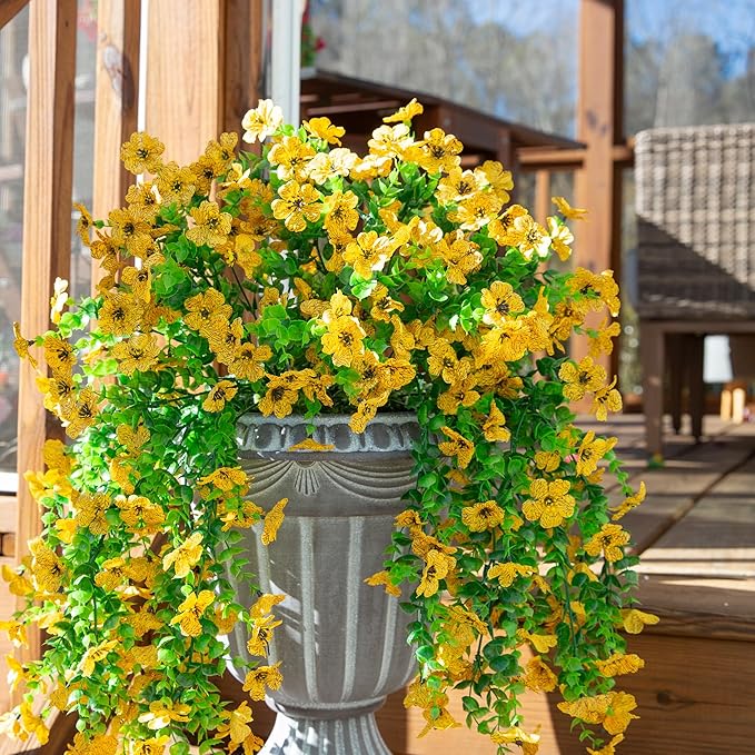 Artificial Hanging Flowers for Outdoors Decoration, 2pcs Fake Daisy with Eucalyptus Leaves for Garden Yard Porch (Yellow)