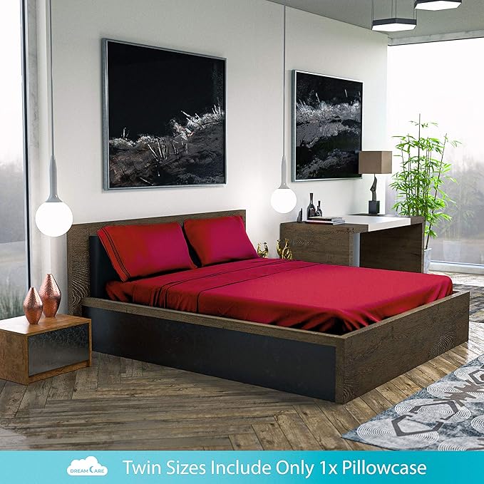 DREAMCARE Twin Sheets - 3pcs Cooling Sheets – up to 21” Extra Deep Pocket Twin Bed Sheets - Twin Sheet Set - Bed Sheets Twin - Soft & Long Lasting 100% Fine Brushed Polyester with Side Pocket - Brgndy