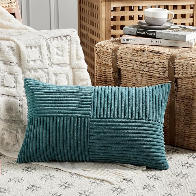 Fancy Homi 4 Packs Teal Lumbar Decorative Throw Pillow Covers 12x20 Inch for Living Room Couch Bed Sofa, Rustic Farmhouse Boho Home Decor, Soft Striped Corduroy Rectangle Accent Cushion Case 30x50 cm