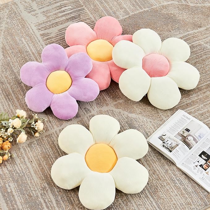Pink Flower Pillow, 19.6" Cute Flower Shaped Floor Pillow, Aesthetic Floral Plush Daisy Decorative Throw Pillows for Bed Sofa Couch