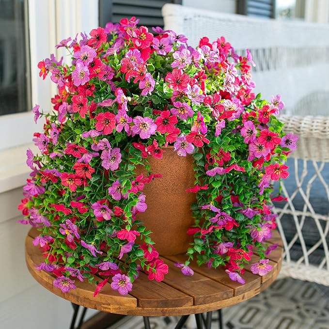 HyeFlora Artificial Flowers for Outdoors Fake Hanging Decoration, 2Pcs Purple and Hotpink Spring Decor, Realistic Plants, UV & Fading Resistant Silk Flower for Porch Patio Balcony Planter Yard