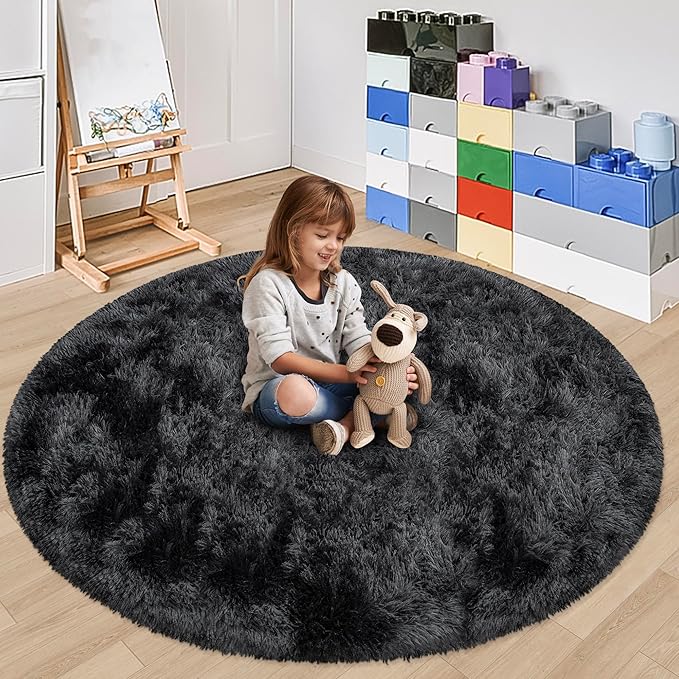 5x5 ft Tie Dye Black Round Rug for Bedroom Room Fluffy Circle Rug Furry Carpet Shaggy Circular Fuzzy Washable Non-Slip Large Area Rug Soft Indoor for Living Room Cute Aesthetic Home Decor