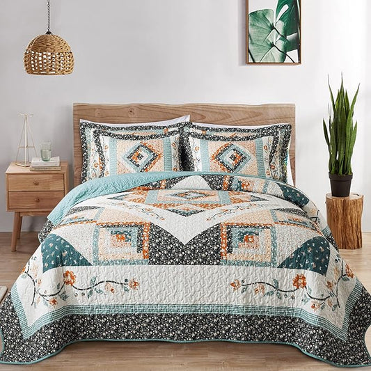 VAPUTAR Queen Size Bedding Set - 3 Pieces, Boho Quilt, Lightweight Reversible Coverlet Bedspread for Farmhouse Bedroom (Floral)