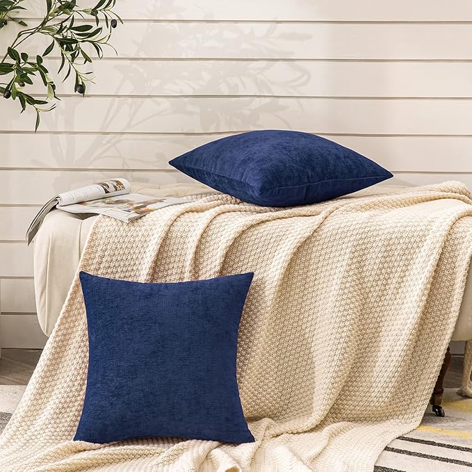 GAWAMAY Decorative Chenille Throw Pillow Covers 26x26 Inch Pack of 2, Soft Square Couch Pillow Cover for Sofa Cushion Living Room Bedroom Solid Oversized Pillowcases Navy Blue 66x66cm (ONLY Covers)