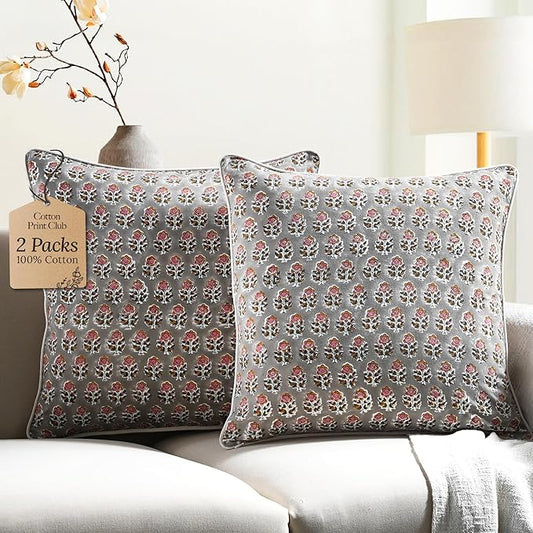 CPC 100% Cotton Throw Pillow Covers 24x24 Inch, Set of 2 Gray Block Print Pattern Couch Pillow, Cute Boho Decorative Pillows for Living Room, Bedroom with Hidden Zipper- Labra Gray