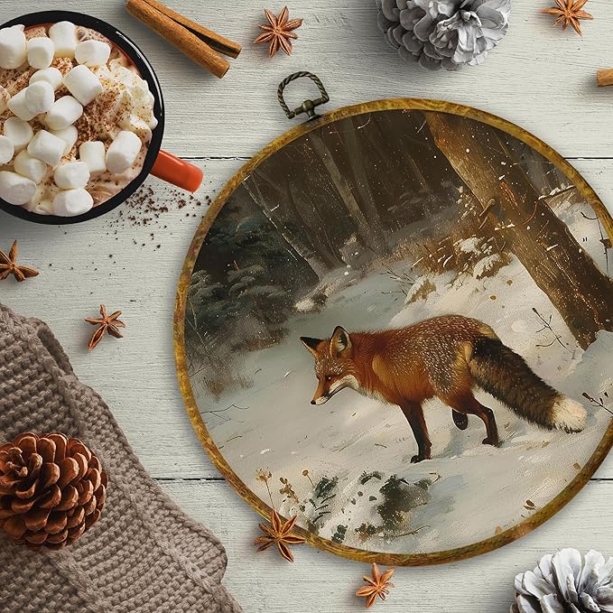 CUANFDDSF Vintage Winter Fox Round Wall Art Decor, Rustic Nature Snowy Forest Fox Wall Hanging Frame Decor, Cozy Winter Farmhouse Wild Animal Canvas Prints Decorations for Home Bedroom, 10x10 Inch