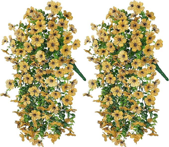 INSPRING Artificial Flowers Fall Faux Outdoor Outside Plants, 2 PCS Fake Silk UV Resistant Look Real Yellow Daisy Trailing Vines for Front Door Porch Planter Urn Patio Balcony Decoration