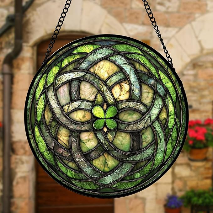 Stained Glass Window Hanging, Abstract Green Clover Sun Catchers Colorful Glass Panel Bless Suncatcher Decor for Birthday for Women, Men, Wife, Aunt, and Mom 6.3 in