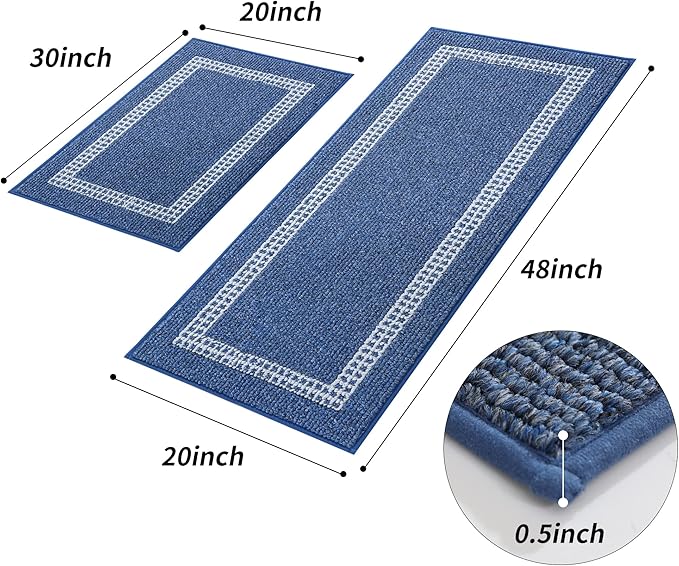 COSY HOMEER Kitchen Rugs Non-Slip 20x30/20x48 Inch Thick Polypropylene Standing Mat for Home Machine Washable, Blue