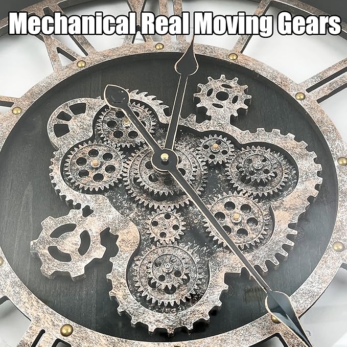 DORBOKER 24" Large Wall Clock with Moving Gears,Oversize Vintage Industrial Rustic Farmhouse Clocks for Living Room Decor Office Home,Solid Wood HD Tempered Glass Cover,Vintage Black
