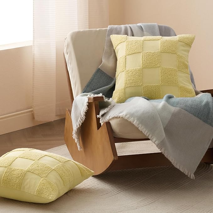 Double Stitch Checkered Throw Pillow Covers - 100% Cotton Set of 2 Tufted Boho Decorative Pillow Covers 20x20, Made in India, Square Cushion Case, Modern Home Decor for Couch, Sofa, Lemon Yellow